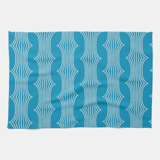 Retro Abstracte witte lijnen op blauw patroon Theedoek (Horizontaal)