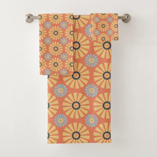 Retro Abstrat Blue en Oranje Daisies Pattern Bad Handdoek (Insitu)