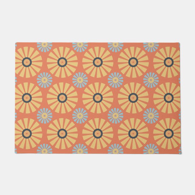 Retro Abstrat Blue en Oranje Daisies Pattern Deurmat (Voorkant)