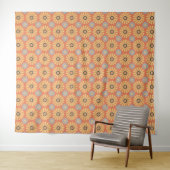 Retro Abstrat Blue en Oranje Daisies Pattern Wandkleed (In Situ (horizontaal))
