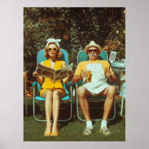 Retro achtertuin BBQ scène met stijlvol stel Poster
