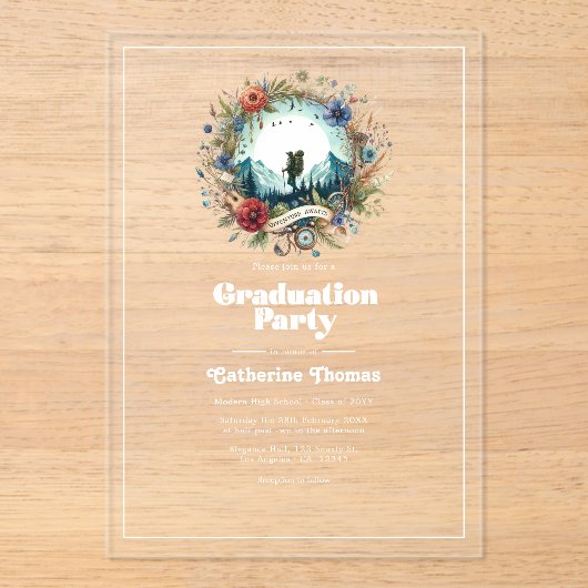 Retro Adventure wacht op afstudeerfeest van acryl Acryl Uitnodigingen (Voorkant)