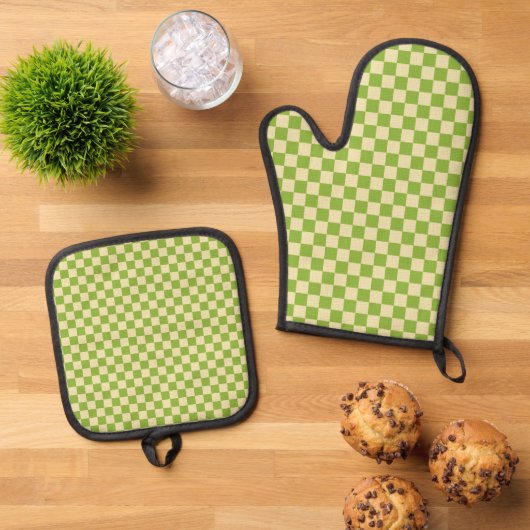 Retro Aesthetisch Checkerboard Patroon Groen wit Ovenwant & Pannenlap Set (Top down)