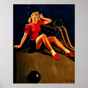  Retro Al Buell Bowling Pin-up Girl Poster