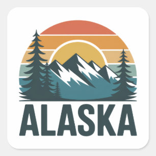 Retro Alaska Zonsondergang Avontuur Vierkante Sticker