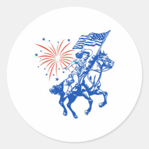Retro Amerikaanse Cowgirl Paard 4 juli Vlag van de Ronde Sticker