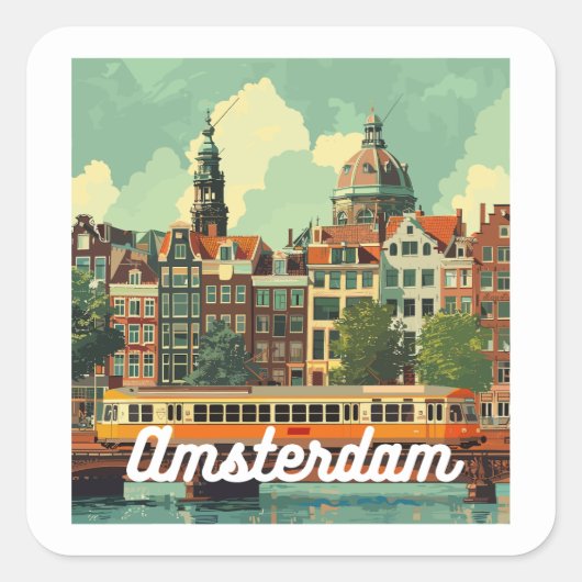 Retro Amsterdam Skyline Vierkante Sticker (Voorkant)