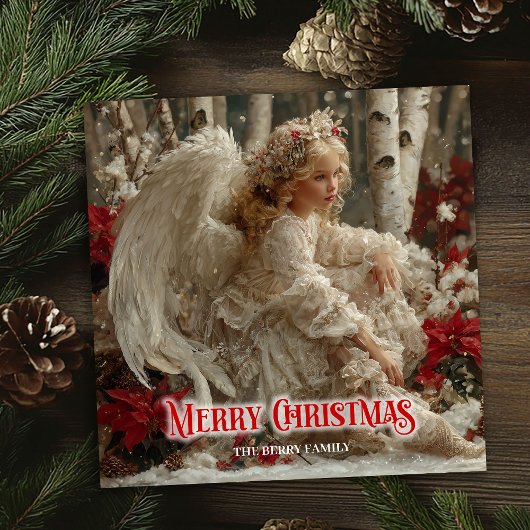 Retro angelic angel red gold festive enchanting feestdagenkaart