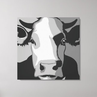 Retro Animal Pop Art Koe Portret in zwart-wit Canvas Afdruk