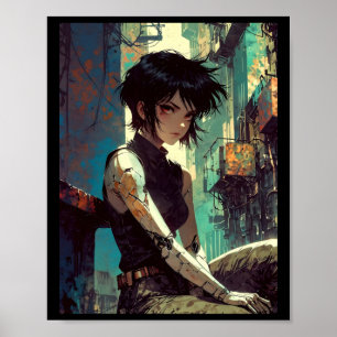Retro Anime Cyberpunk Meisje Dystopische Toekomst Poster