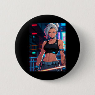 Retro Anime Cyberpunk Meisje Neon Street Fighter S Ronde Button 5,7 Cm
