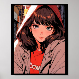 Retro Anime Gezellige Trui Meisje Nacht Stad Licht Poster