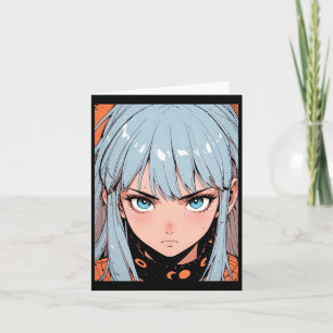 Retro Anime Intense Meisje Blauwe Haar Esthetische Kaart