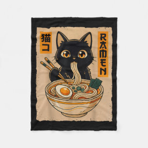 Retro Anime Kawaii Zwarte Kat Eet Ramen Noedels  Fleece Deken