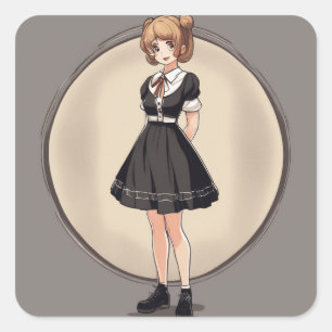 Retro anime Little Black Jurk Decal - Artistiek Vierkante Sticker
