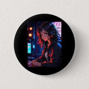 Retro Anime Meisje Gamer Cyberpunk Streaming Setup Ronde Button 5,7 Cm