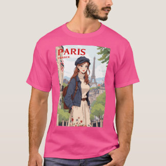 Retro anime reizende jonge vrouw in Parijs Frankri T-shirt