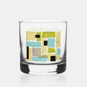 Retro Aqua Blauw Gele Rechthoeken Middeleeuws Mode Whisky Glas