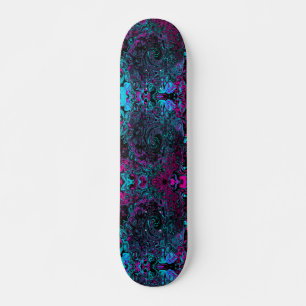 Retro Aqua Magenta en Black Abstract Swirl Skateboard