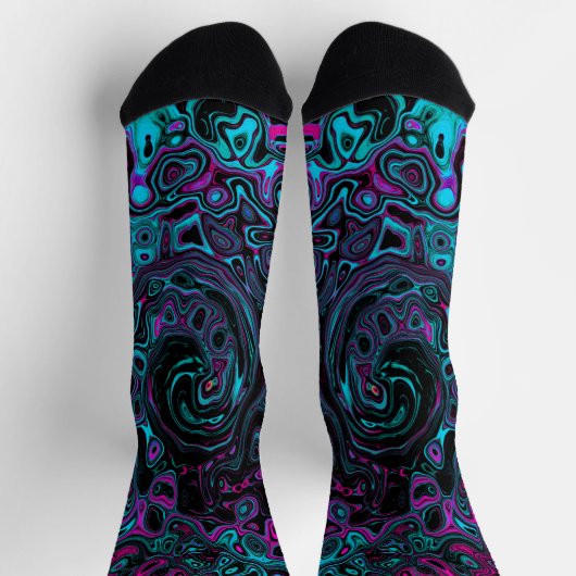Retro Aqua Magenta en Black Abstract Swirl Sokken (Top)