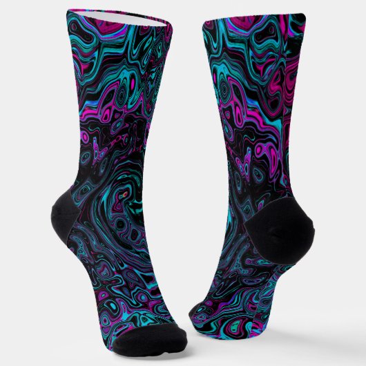 Retro Aqua Magenta en Black Abstract Swirl Sokken (Gebogen)