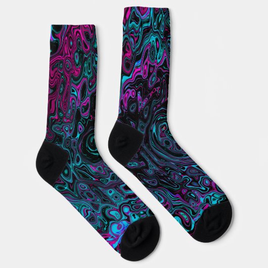 Retro Aqua Magenta en Black Abstract Swirl Sokken (Rechts)