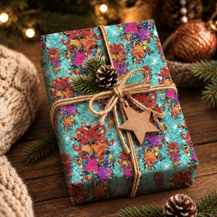 Retro Aqua Rode Vintage Kerstboog Cadeaupapier