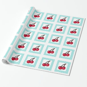 Retro Aqua Stippen Kersen Cadeaupapier