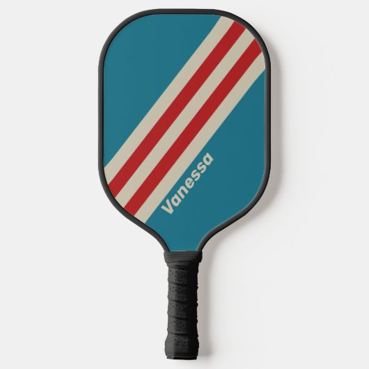 Retro Aqua Surf Stripes met naam Pickleball Paddle (Achterkant)