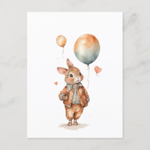 Retro aquarel Klein konijnenjongen met ballonnen  Briefkaart