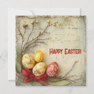 Retro aquarel rode en gele paaseieren feestdagenkaart