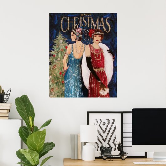Retro  ar deco dames poster Kerstmis (Thuiskantoor)