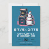 Retro arcade bruiloft save the date (Voorkant)