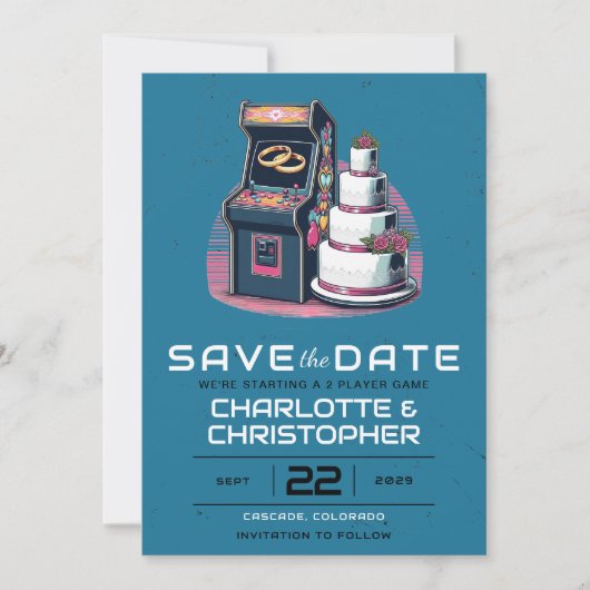 Retro arcade bruiloft save the date (Voorkant)