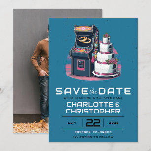 Retro arcade bruiloft save the date