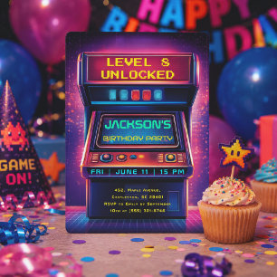 Retro Arcade Level Up Verjaardagsfeest Uitnodiging
