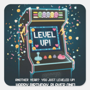Retro Arcade-thema verjaardag - "Level Up!" gamer Vierkante Sticker