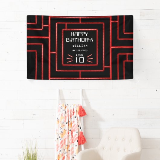 Retro Arcade Videogame Neon Kids Verjaardag Spandoek (Insitu)