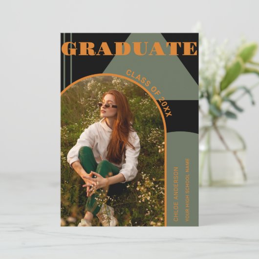 Retro Arch Groen & Oranje Foto Afstuderen Kaart (Staand voorkant)