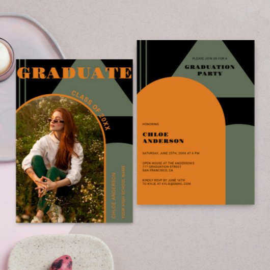 Retro Arch Groen & Oranje Foto Afstuderen Kaart