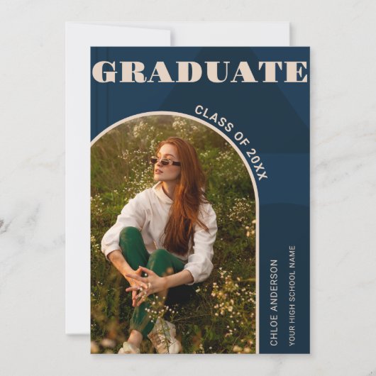 Retro Arch Navy Blue 2 Photo Grad Faire-part (Devant)