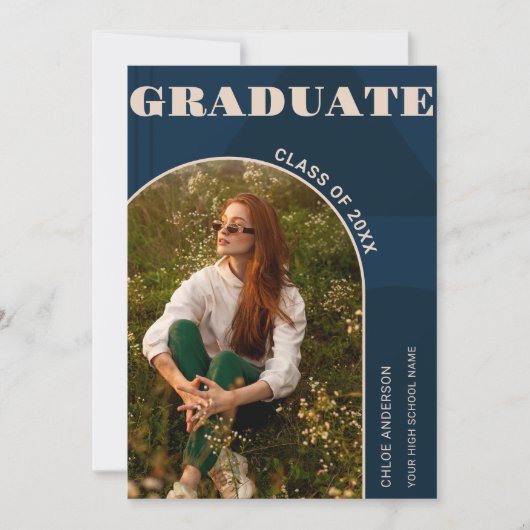 Retro Arch Navy Blue Photo Graduation Faire-part (Devant)
