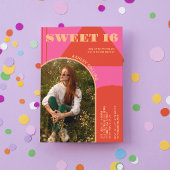 Retro Arch Roze & Sinaasappel Foto Sweet 16 Verjaa Kaart