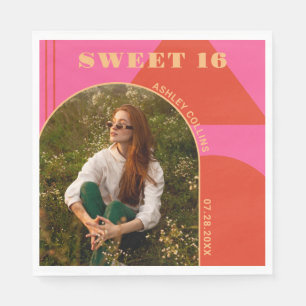 Retro Arch Roze & Sinaasappel Foto Sweet 16 Verjaa Servet