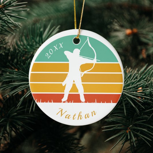 Retro Archery Theme Bow Arrow Archers Name Dated  Keramisch Ornament