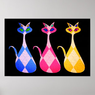 Retro Argyle Cats Poster Print