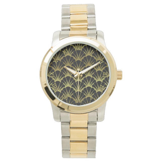 Retro Art Deco Black / Gold Shell Scale Patroon Horloge (Voorkant)