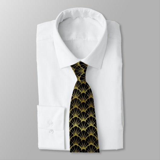 Retro Art Deco Black / Gold Shell Scale Patroon Stropdas (Gebonden)