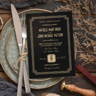 Retro Art Deco Dark Wedding Invitation Kaart