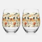 Retro Art Deco Dragonfly, roze rozen Wijnglas Zonder Voet (Voorkant)